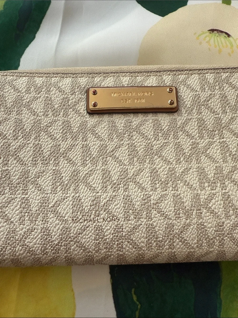 Michael Kors Beige Signature Zip Wristlet with Gold Hardware